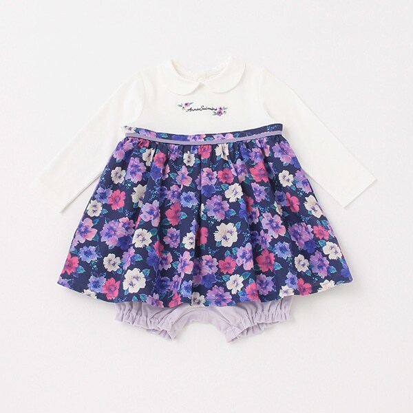 水彩花柄ワンピース+カバーパンツ