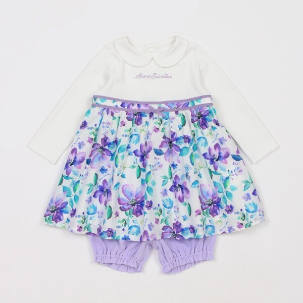 水彩花柄ワンピース+カバーパンツ