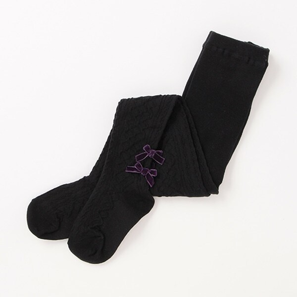 ケーブル編み後リボンつきタイツ【日本製】