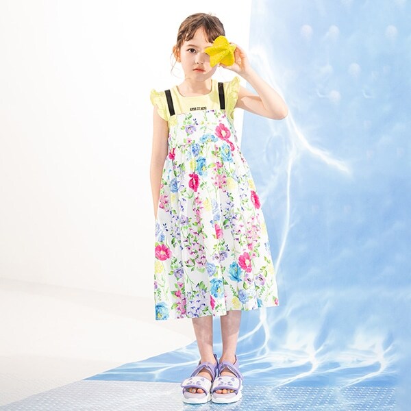 半袖Tシャツ＋ベルフラワー柄ジャンパースカート