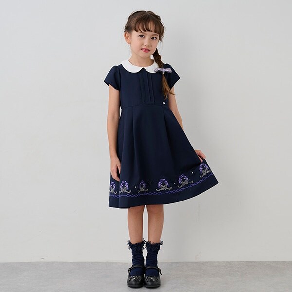 【セレモニー】裾刺しゅう半袖無地ワンピース