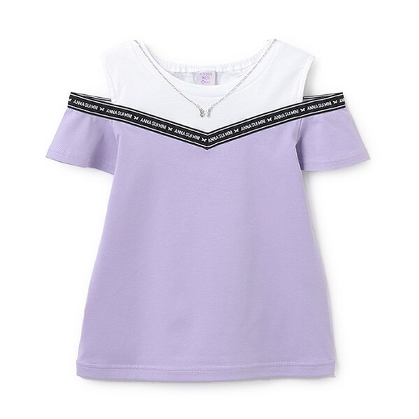 ネックレスつきロゴテープ肩あきTシャツ