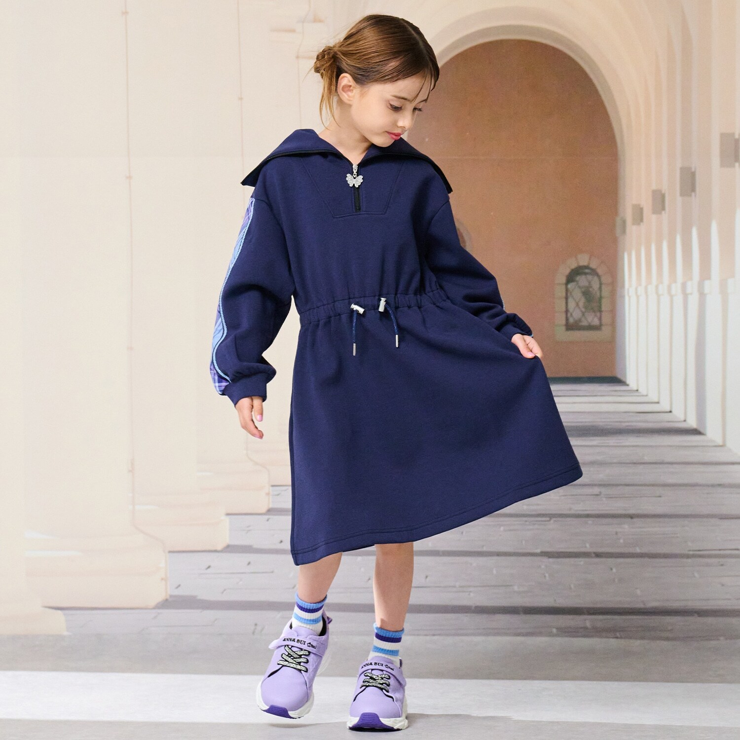 袖チェックセーラーカラーワンピース