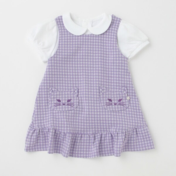 ネコモチーフジャンパースカート+衿つき半袖Tシャツ