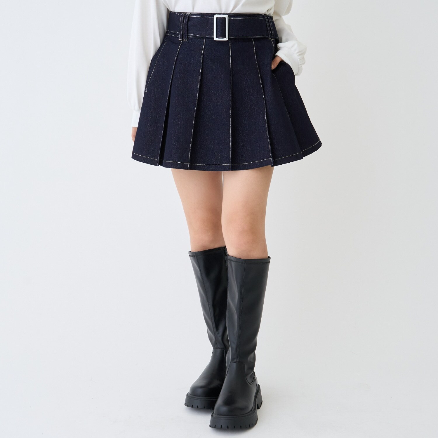 【LTXC】美脚見えベルトつきデニムプリーツスカート