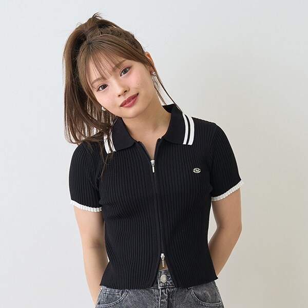 【LTXC】半袖衿ラインジップニット