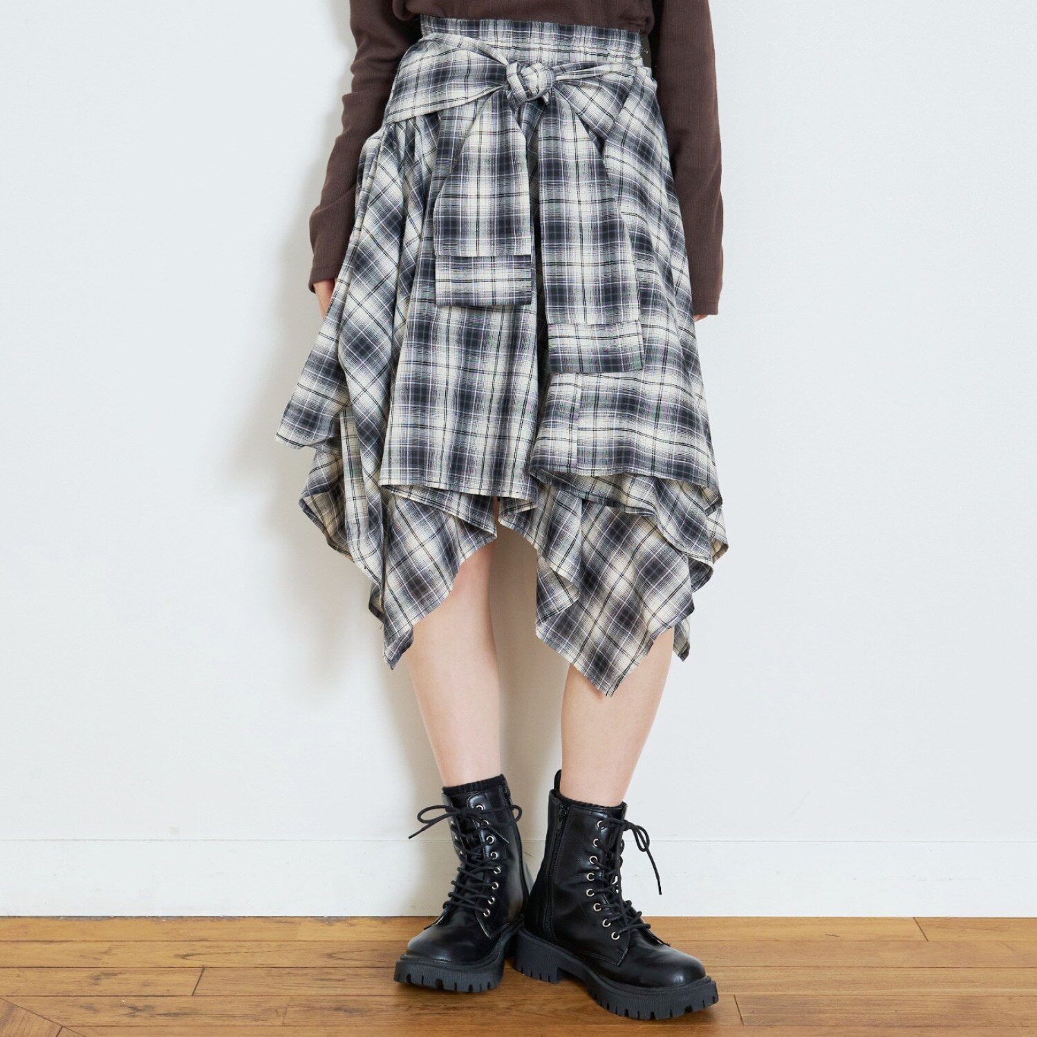【LTXC】腰巻き風チェックミディスカート