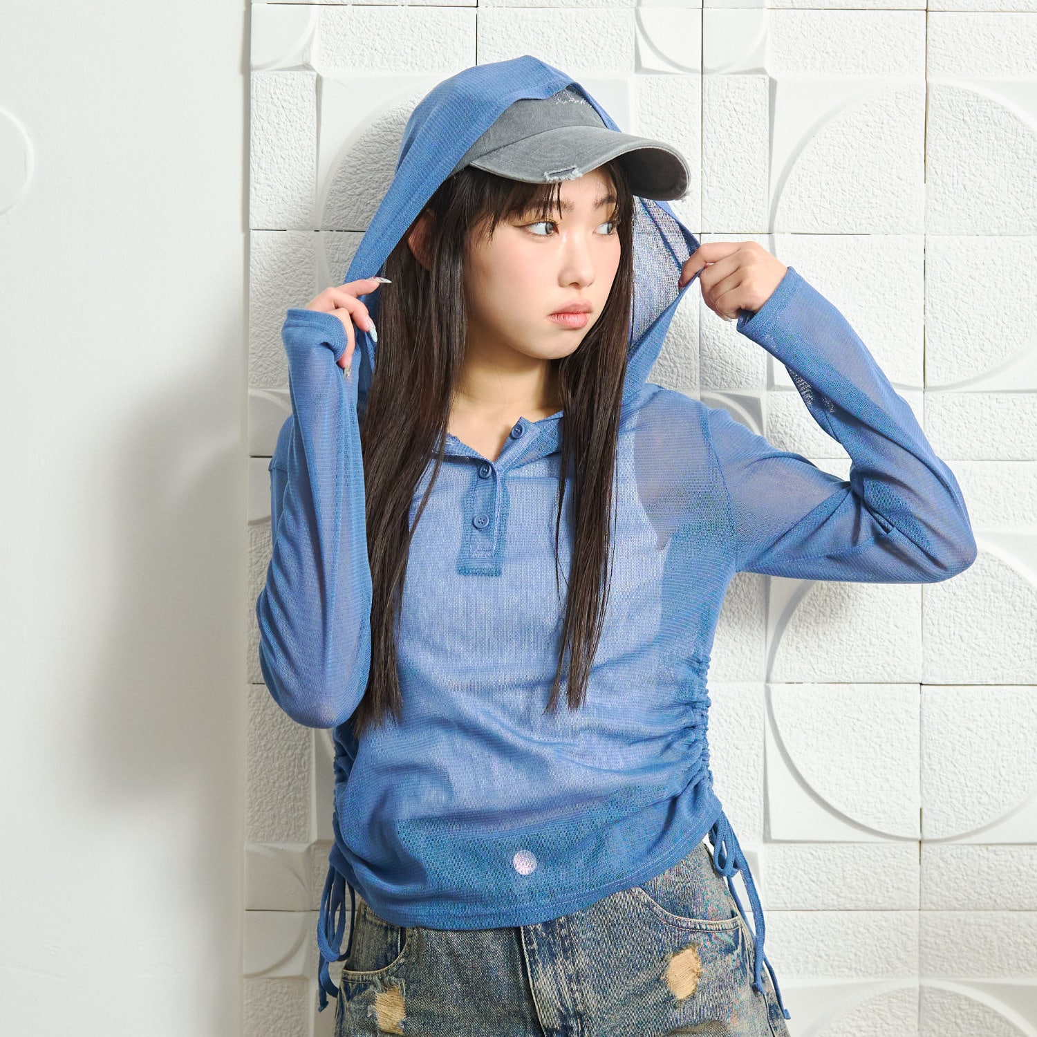 【LTXC】インナーつきシアーヘンリーフードニットカットソー