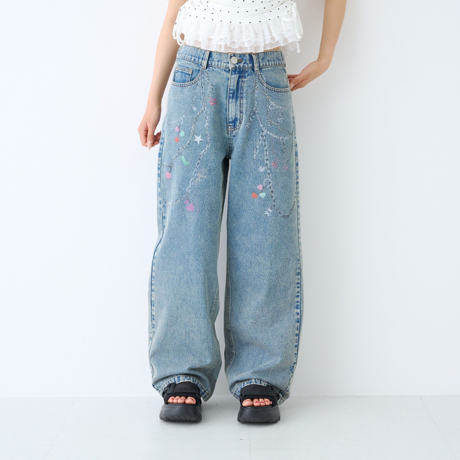 【LTXC】チャームデザインデニムワイドパンツ