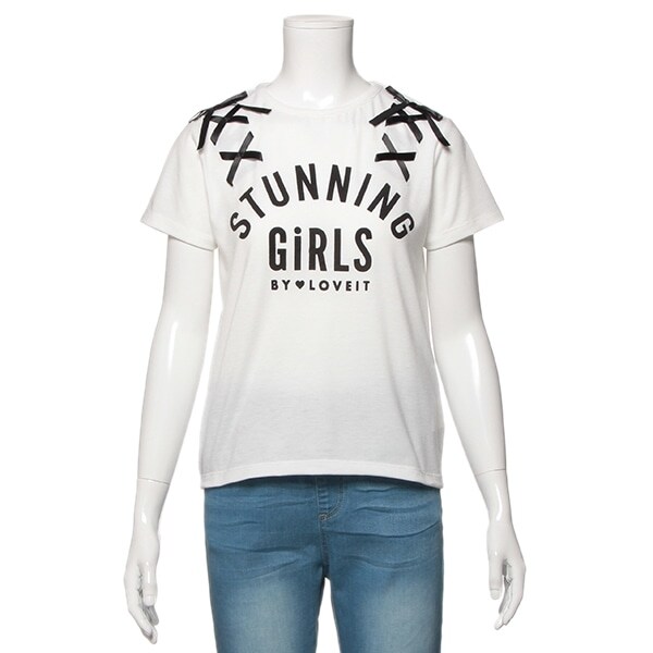 両肩レースアップロゴTシャツ