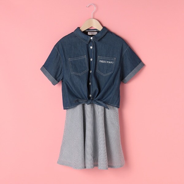 裾結びシャツつきドッキングワンピース