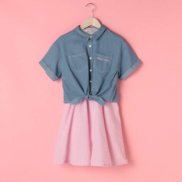 裾結びシャツつきドッキングワンピース