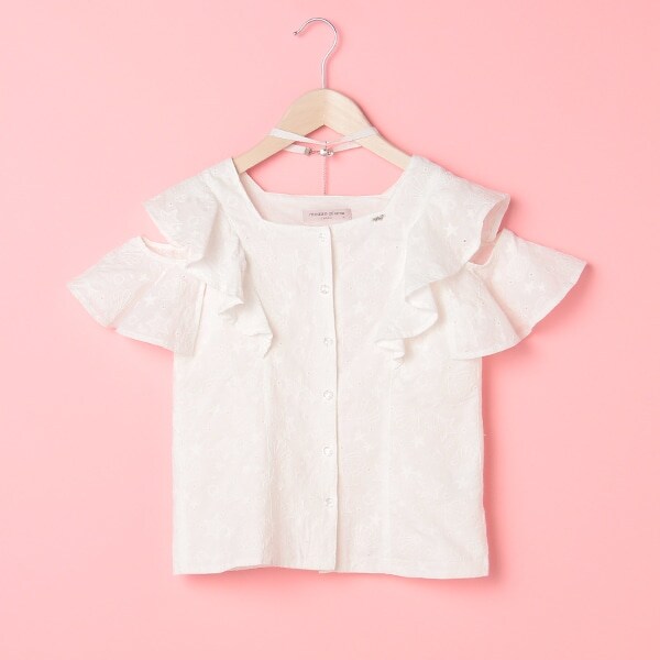 チョーカーつきシェル刺しゅうフリルブラウス