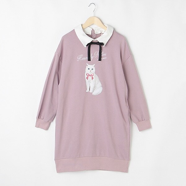 【リピート】【直営店で取り扱い無し】 裏毛 衿つきネコプリントワンピース