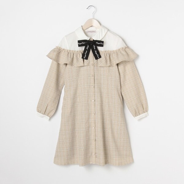 ボウタイつきチェック柄レースシャツドッキングワンピース