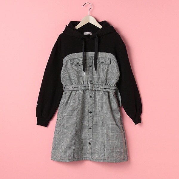 ベルトつきシャツレイヤード風ワンピース