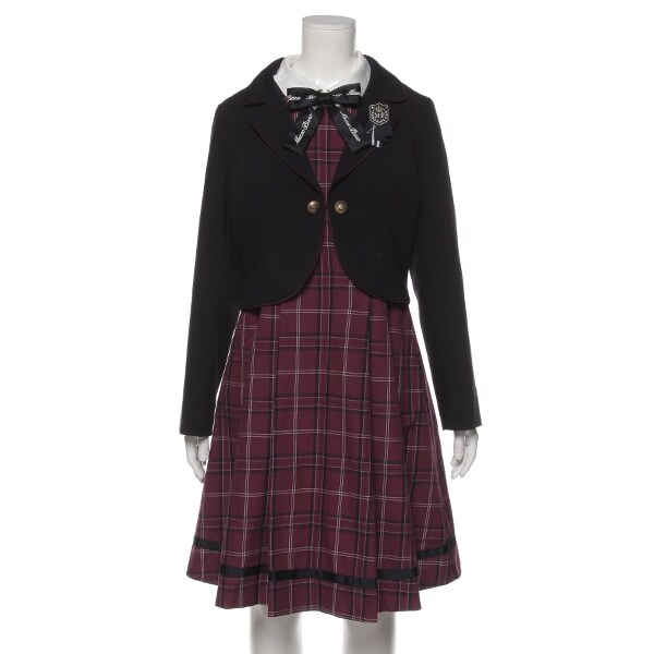 チェック柄丸衿ワンピース×ジャケット×リボンタイ×ブローチ4点セット