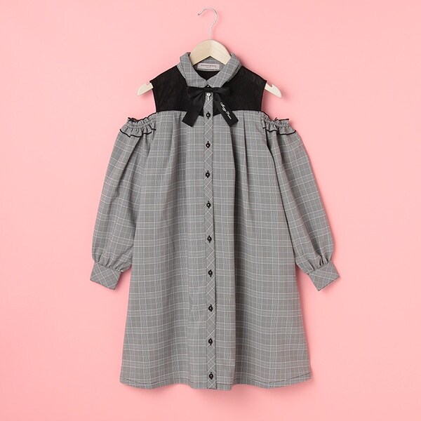 リボンつきレース×チェック肩開きワンピース