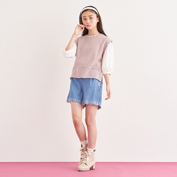 裾スカラップ刺しゅうショートパンツ