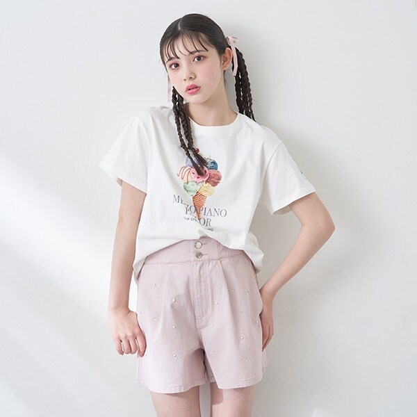 パール&ラインストーンつきハイウエストショートパンツ