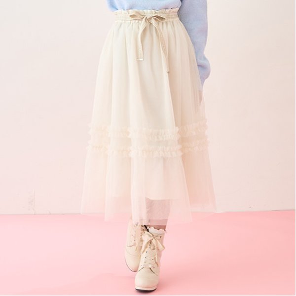 リボンベルトフリルチュールスカート