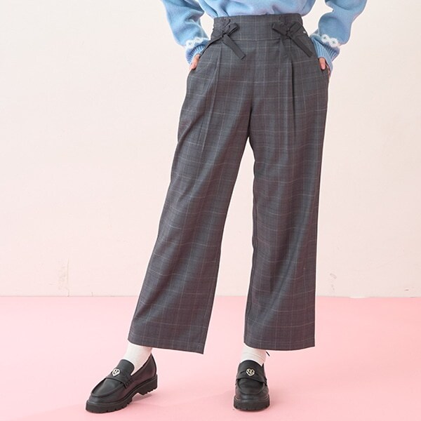 レースアップリボンあったか裏起毛ロングパンツ