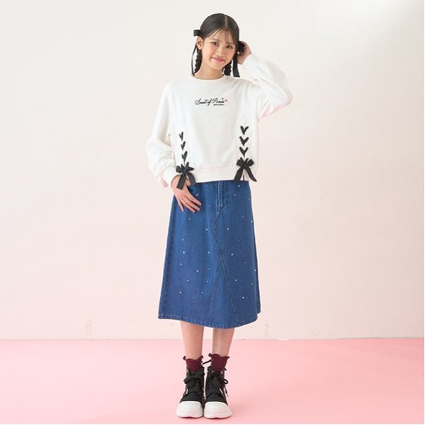 パール×ラインストーン　デニムミディスカート