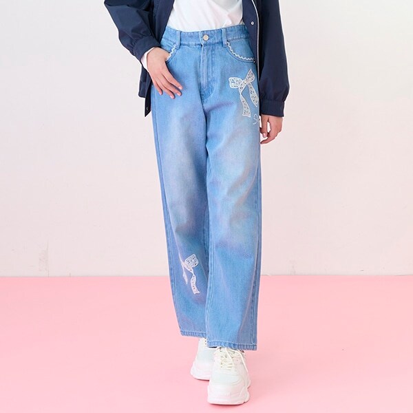 【ニコ☆プチ掲載】レースアップリケ美脚ルーズストレートデニムパンツ