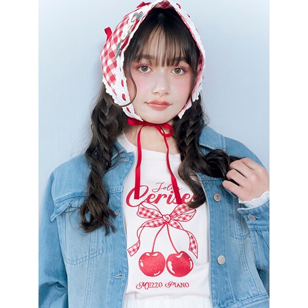 【Cuugal掲載】【接触冷感】袖レースアップリボンチェリーTシャツ