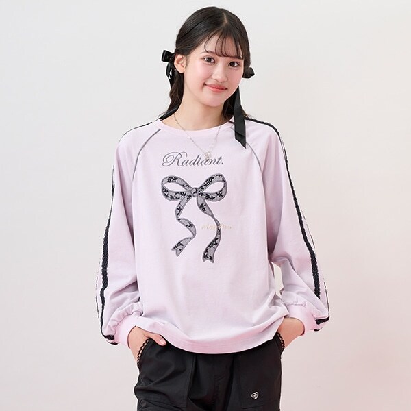 レースリボンアップリケ長袖Tシャツ