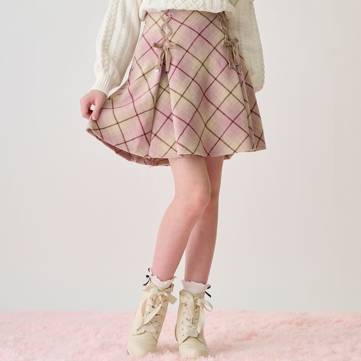 レースアップリボンシャギーチェックフレアスカパン