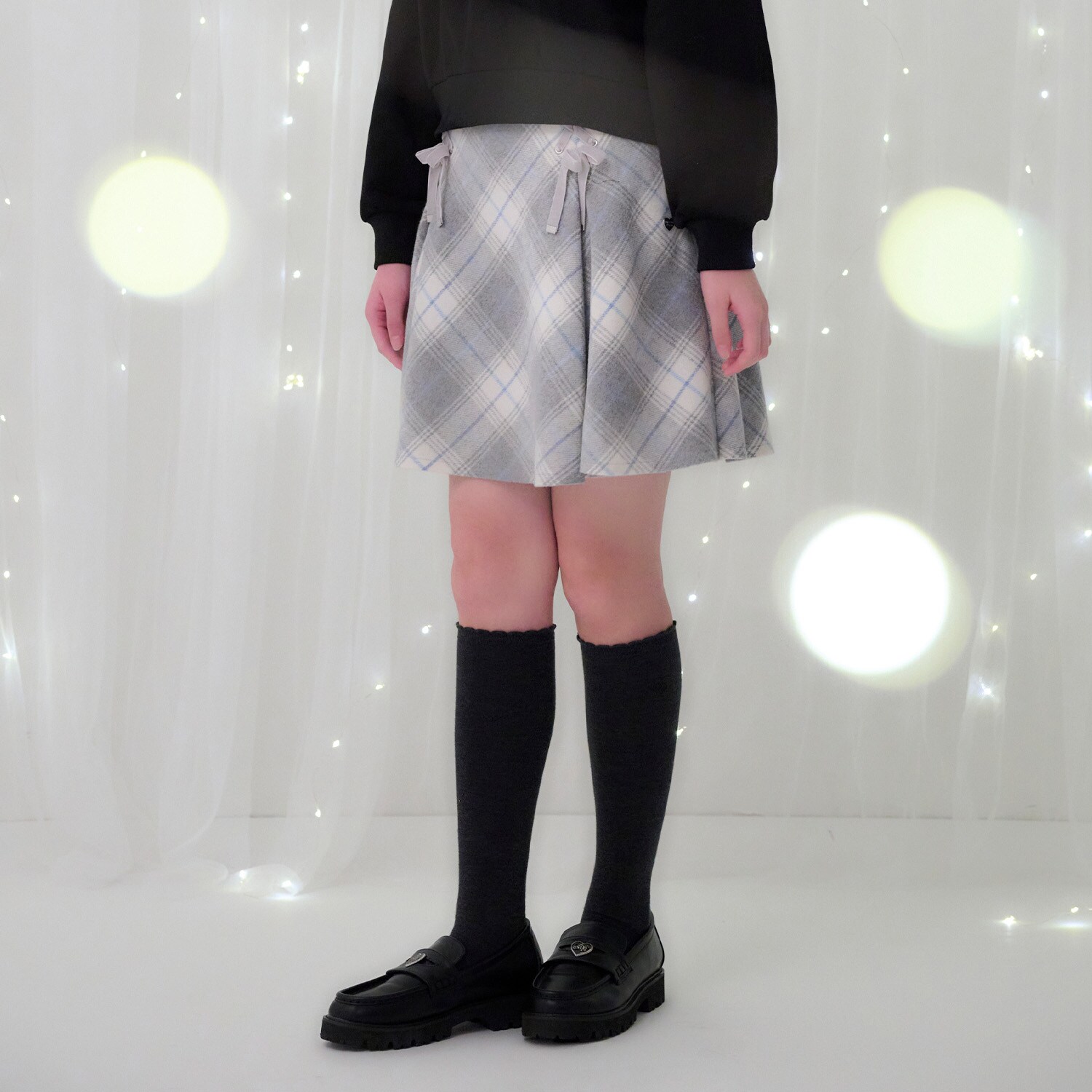 レースアップリボンシャギーチェックフレアスカパン