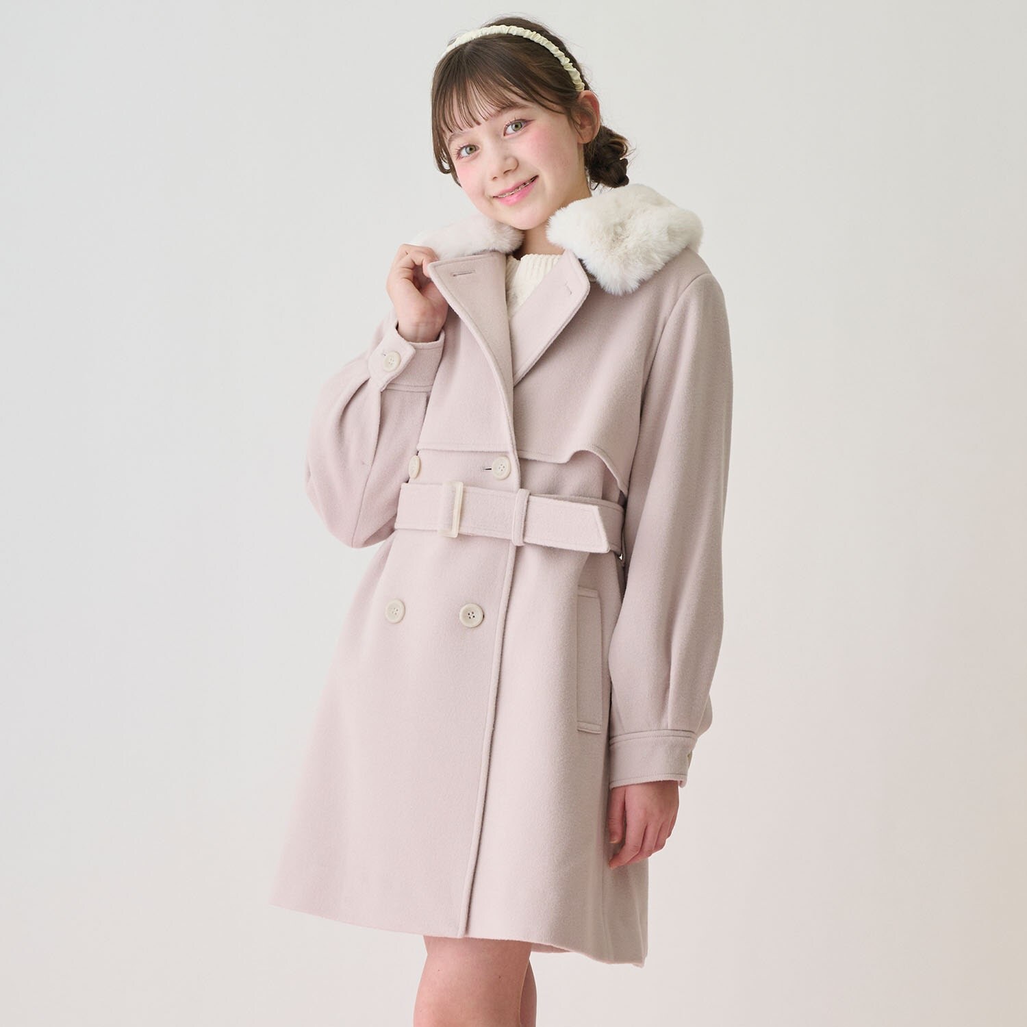 フェイクファー衿つきミドルコート