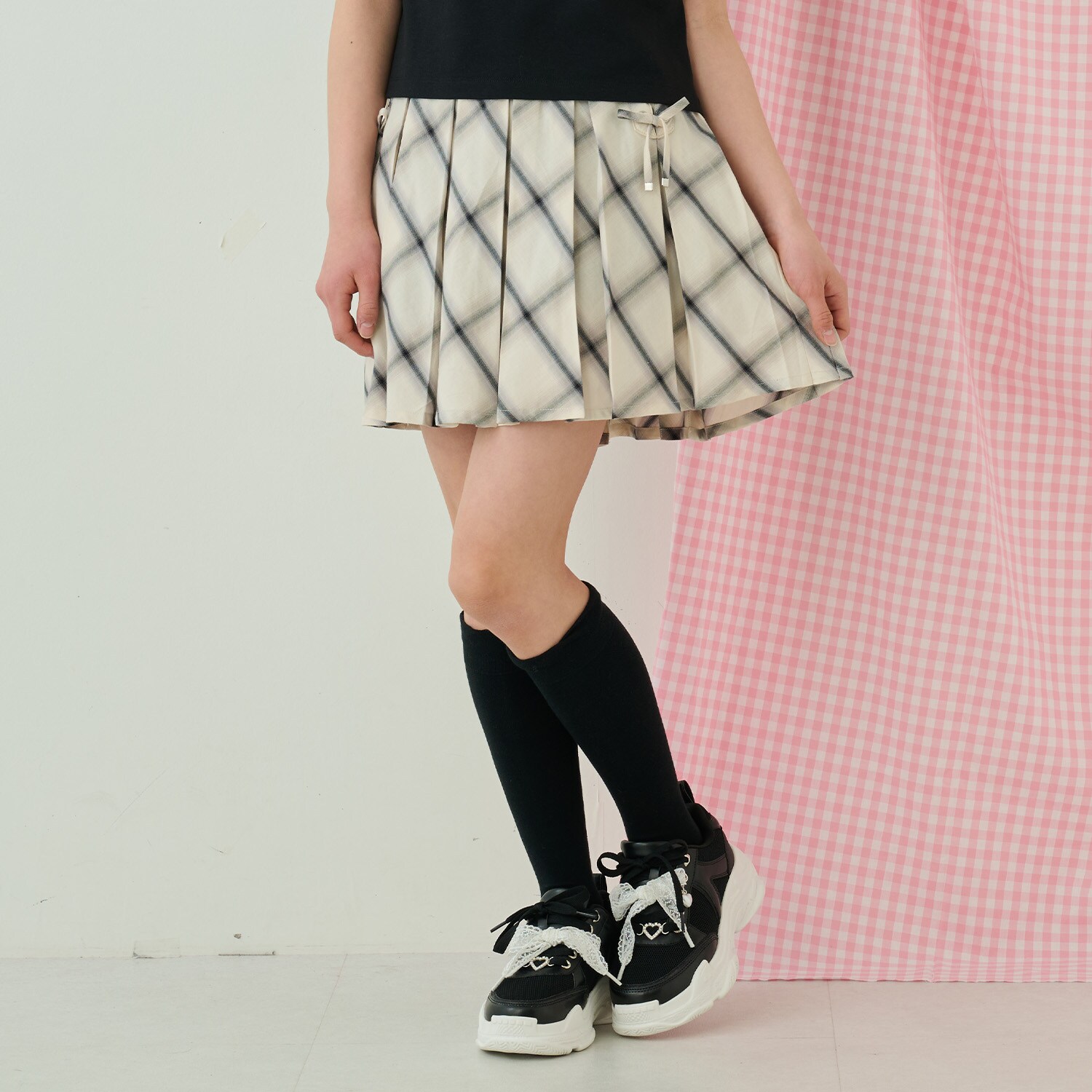 レースアップボックスプリーツスカパン