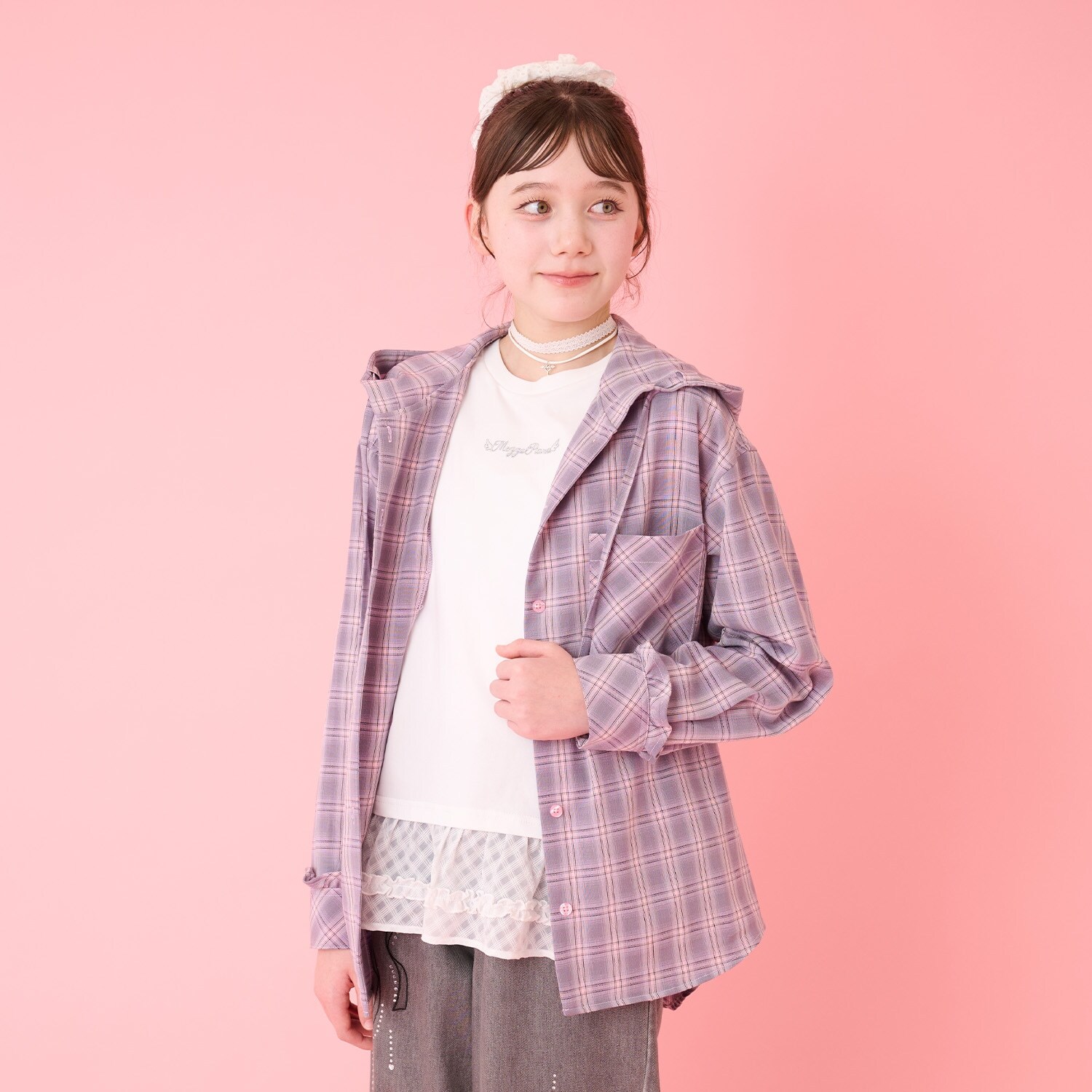 フード チェックシャツ