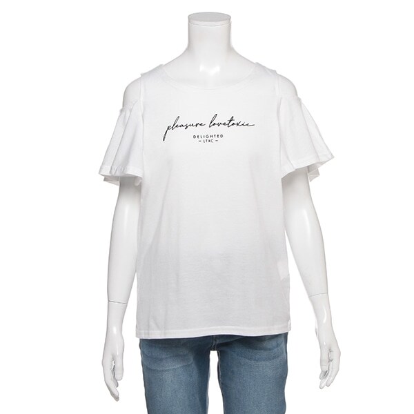 肩開きフリル袖Tシャツ