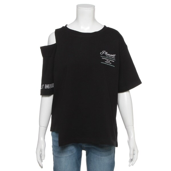 アシメ肩開きロゴプリントTシャツ