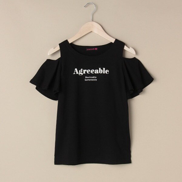 フリル肩開きロゴTシャツ