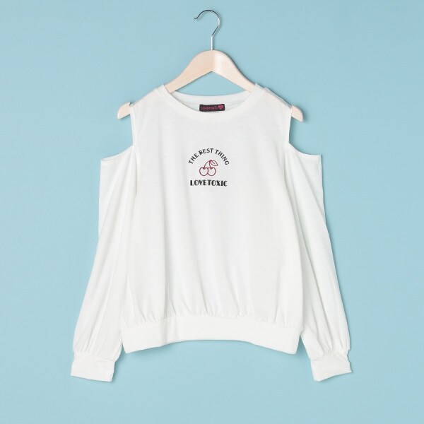 モチーフ刺しゅう肩開きTシャツ