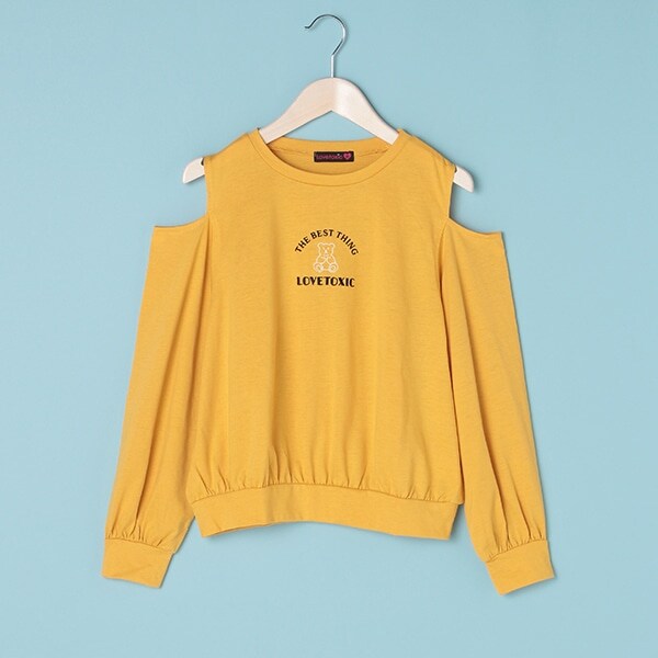 モチーフ刺しゅう肩開きTシャツ