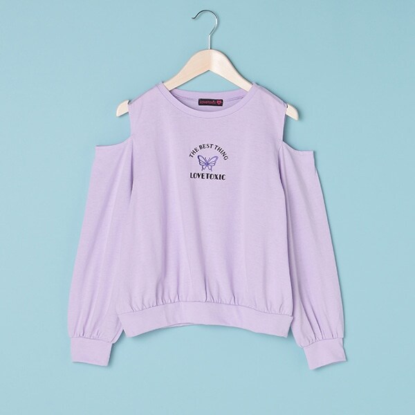 モチーフ刺しゅう肩開きTシャツ