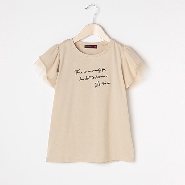 ロゴ刺しゅう袖チュールフリルTシャツ