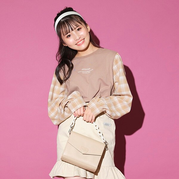 袖チェック長袖Tシャツ