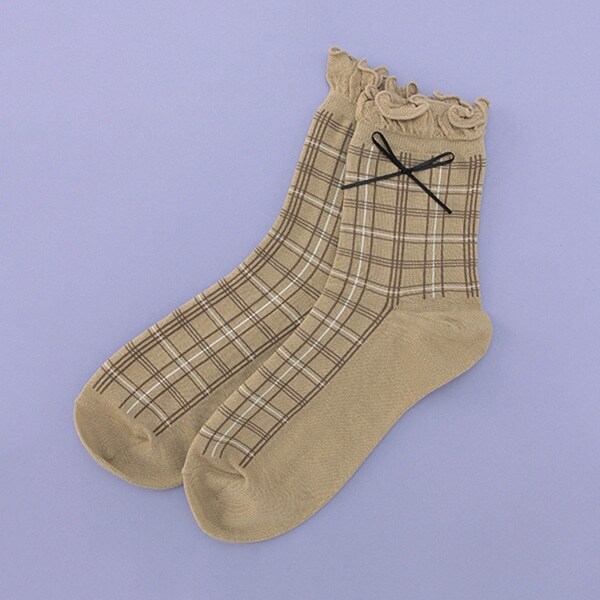 チェック柄リボンクルーソックス