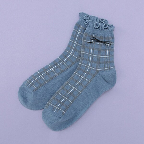 チェック柄リボンクルーソックス