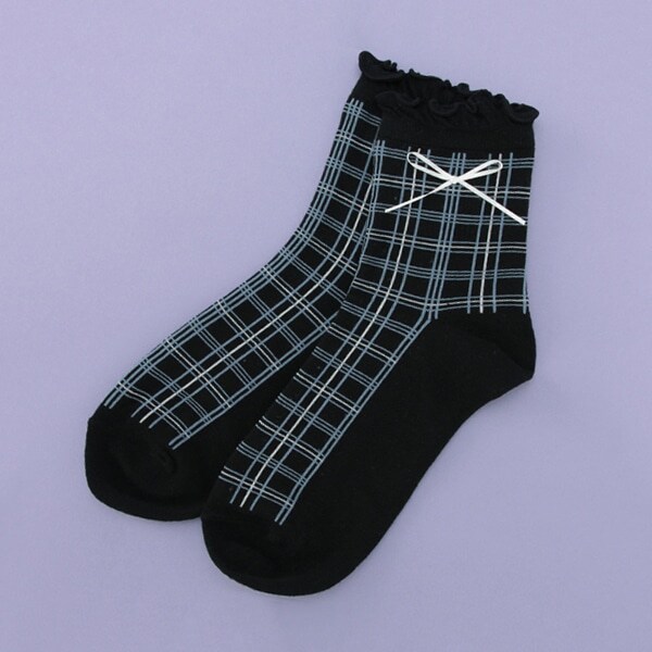 チェック柄リボンクルーソックス