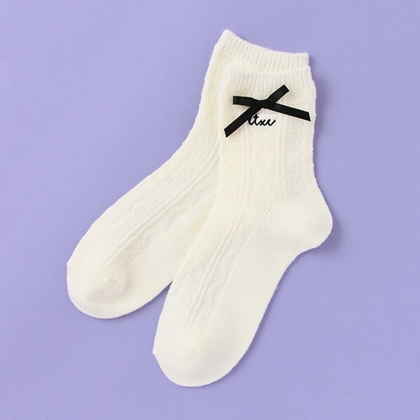 ケーブル編みリボンクルーソックス