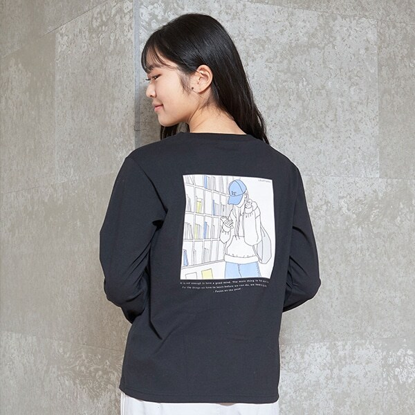 【コットン100%】バックガールイラスト長袖Tシャツ