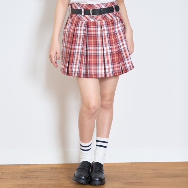 【GOODPRICE】ベルト付チェックプリーツスカ-ト