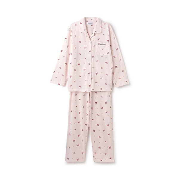 【ルームウェア/パジャマ】小花柄長袖やわらかニットシャツ＆パンツセット